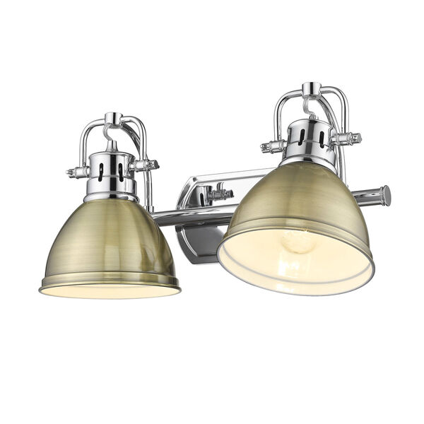 Duncan Chrome Two-Light Bath Vanity with Aged Brass Shades, image 3